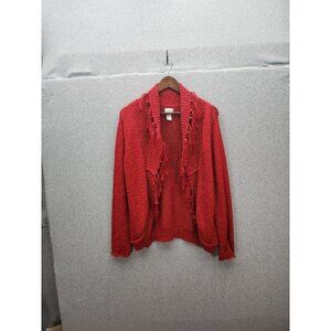 Chicos Red Fringe Open Front Cardigan Sweater Size 1